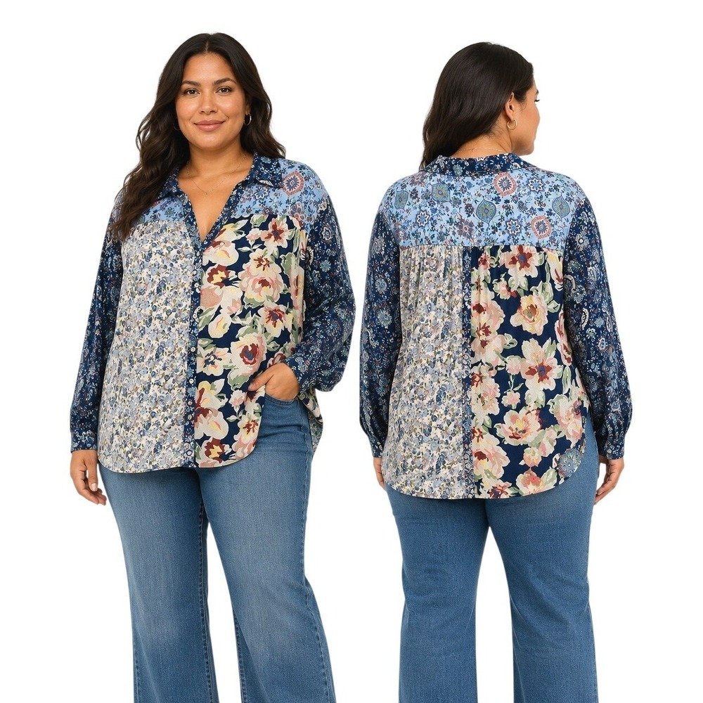 Nurture NWT Patchwork Button Down Women 3X Blue Mixed Floral Paisley Boho Top